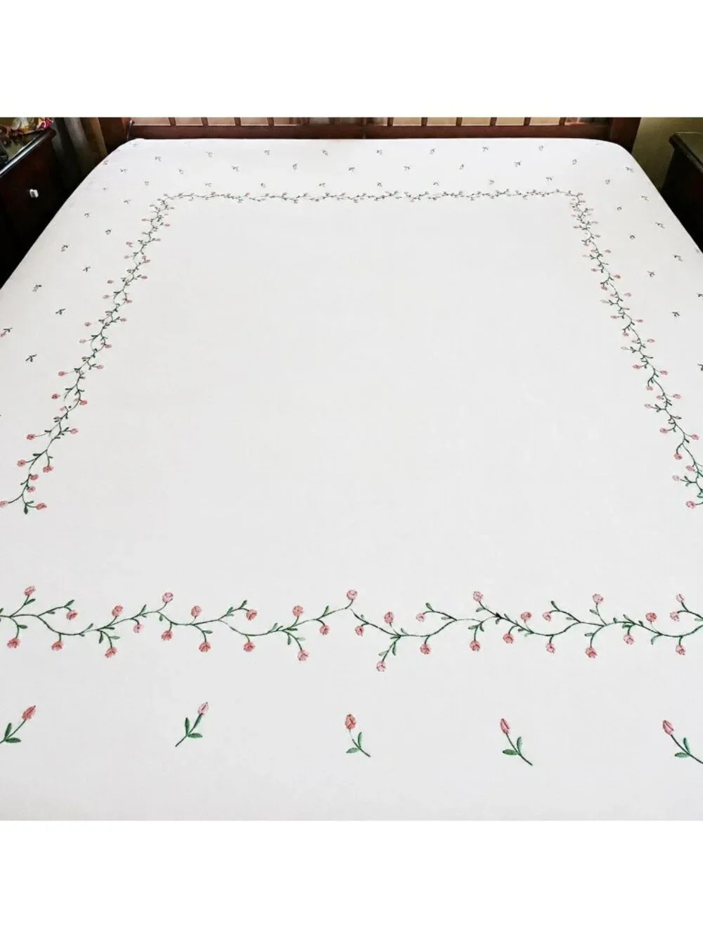 Queen Coverlet Cream Pink Rose Embroidered Bedding Cottagecore Farmhouse 86 x 86